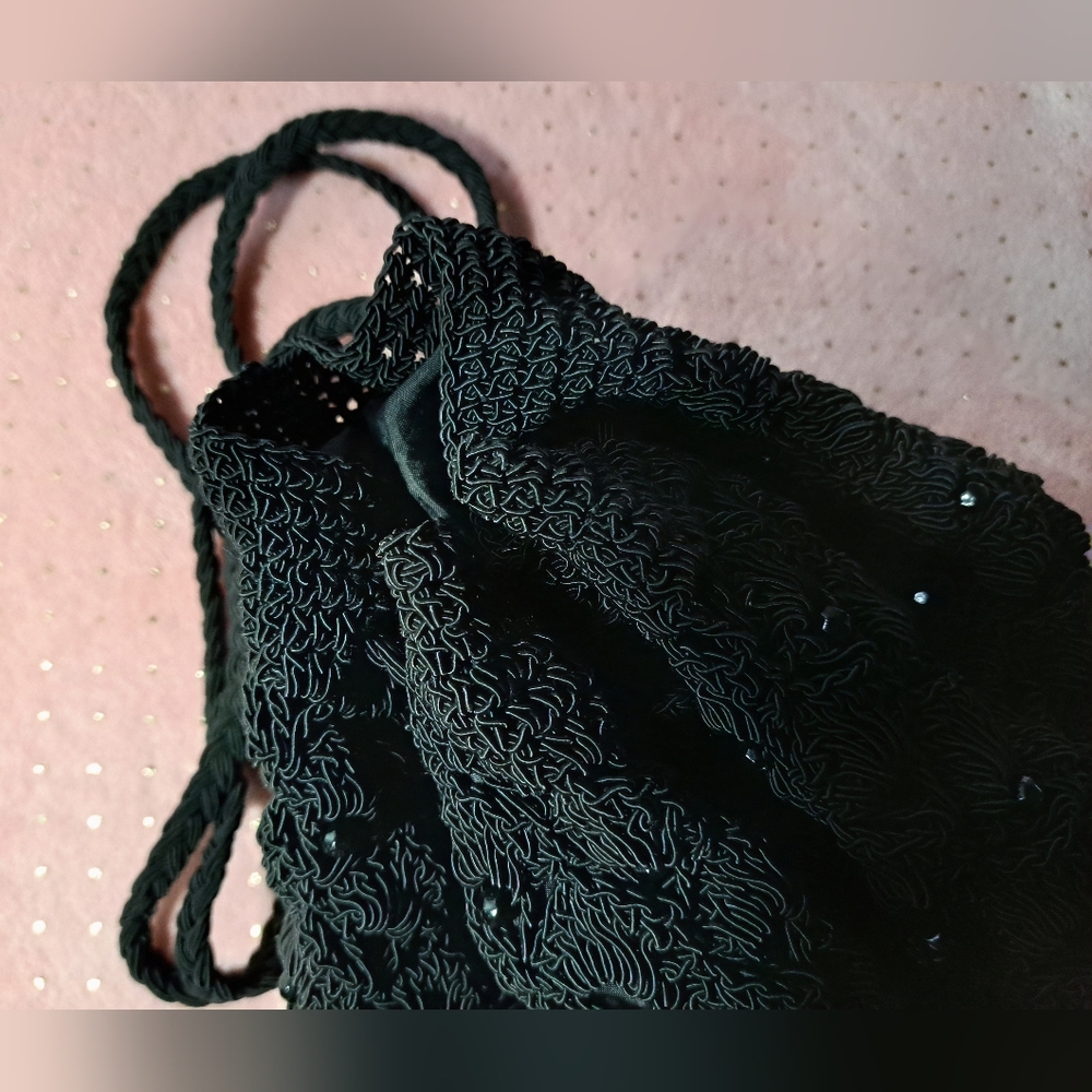 Black Crocheted Backpack Drawstring Bag Nwot - image 2